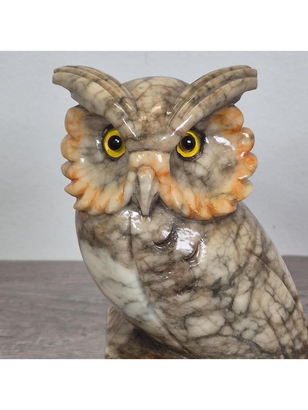 Italian Hand Carved Alabaster Owl Figure Paperweight Glass Eyes